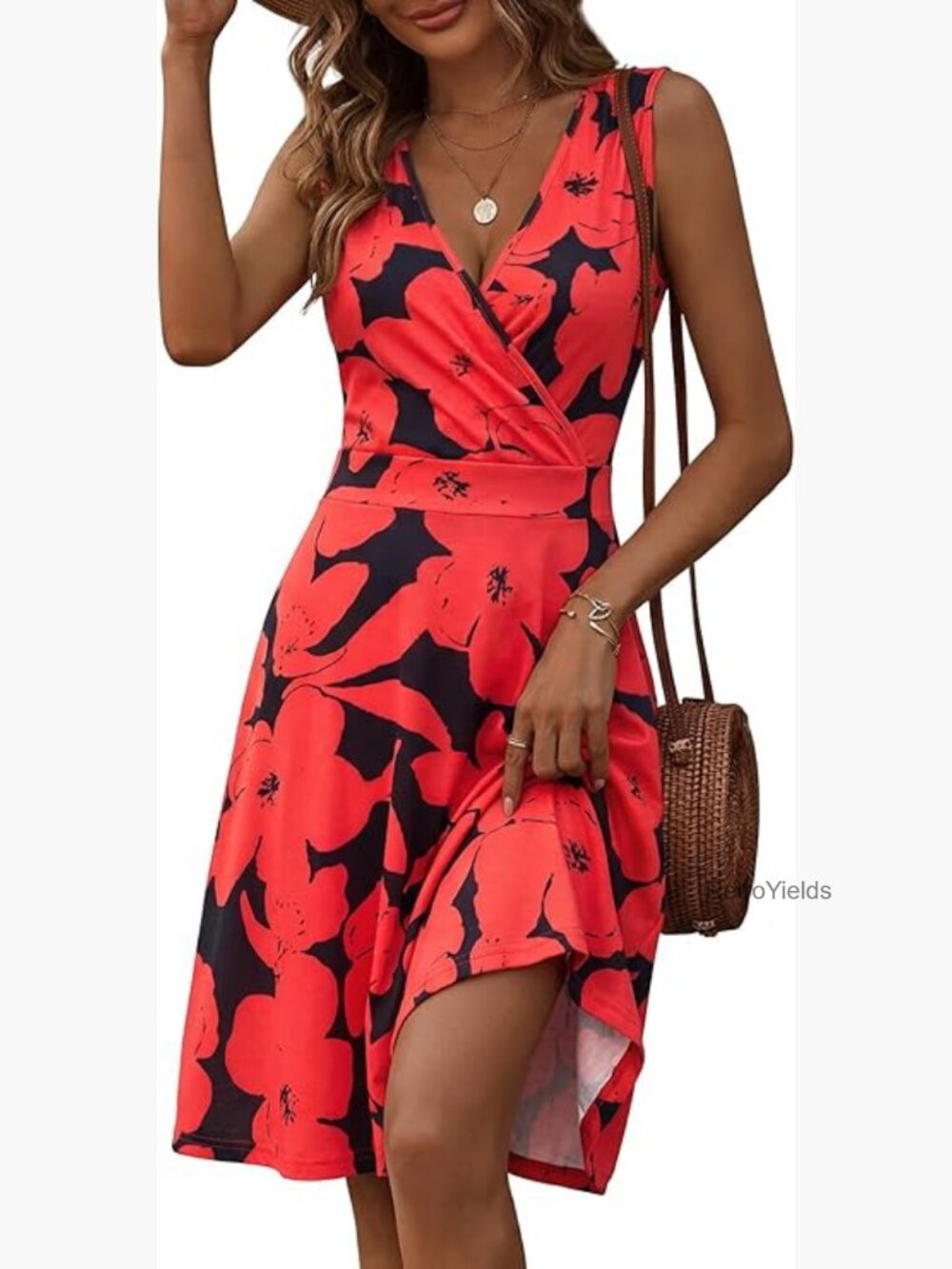 Wrap V Neck Sleeveless Sundress Summer Flare Tank Dress with Pockets